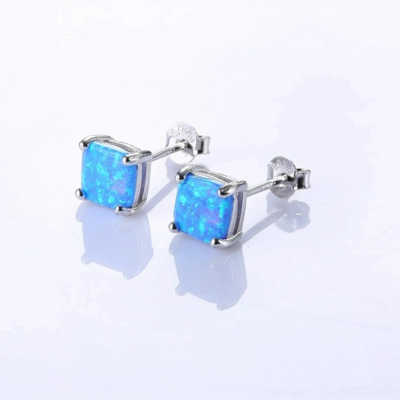 925 Sterling Silver 6mm Princess Cut Square Blue Fire Opal Stud Earrings - Picture 2 of 5
